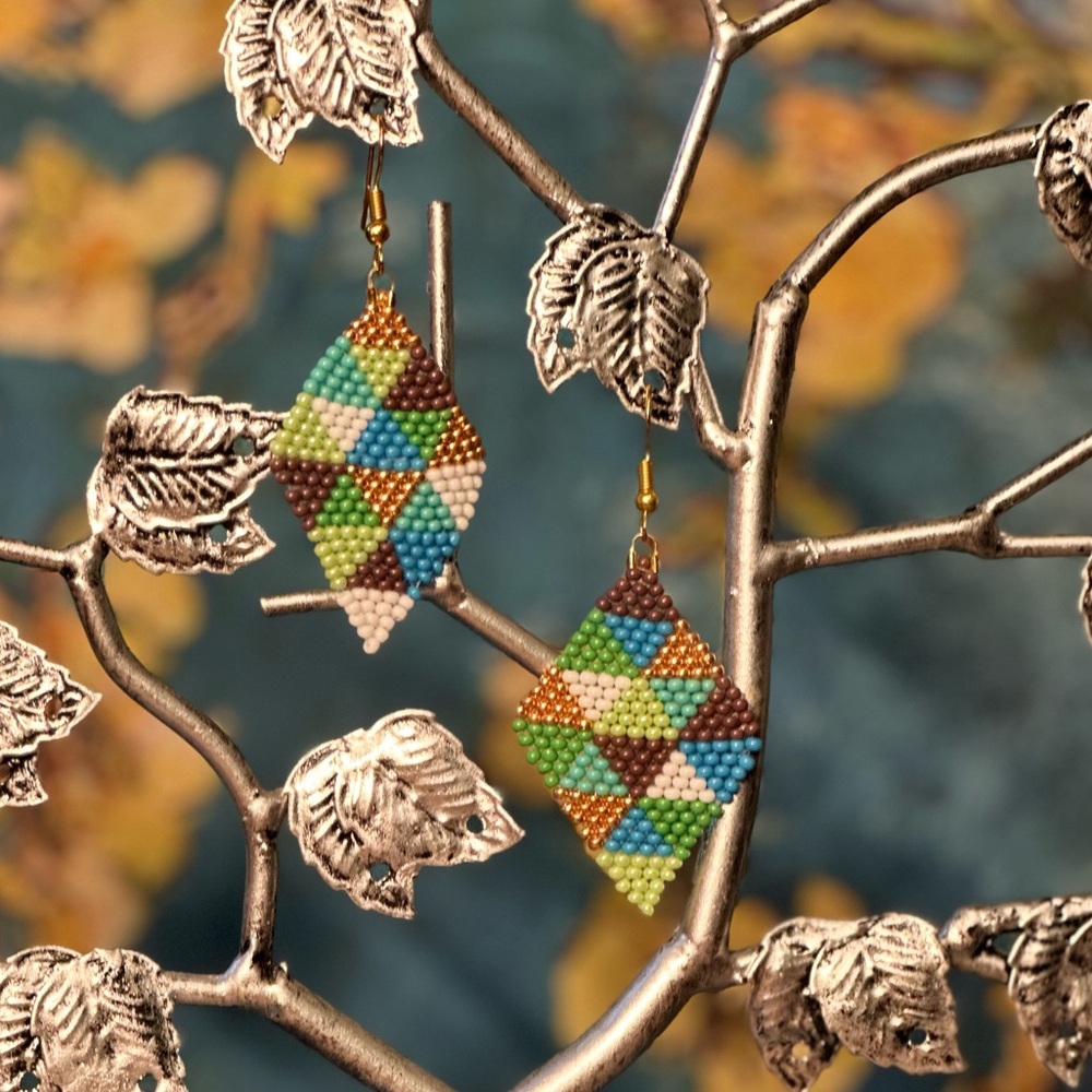 Handcrafted Geometric Tons of Triangles Beaded Diamond Earrings